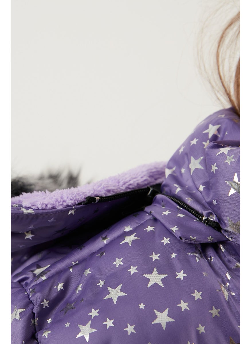 Collar Faux Fur Star Pattern Removable Hooded Plush Lined Winter Coat Girl's Coat 5760031