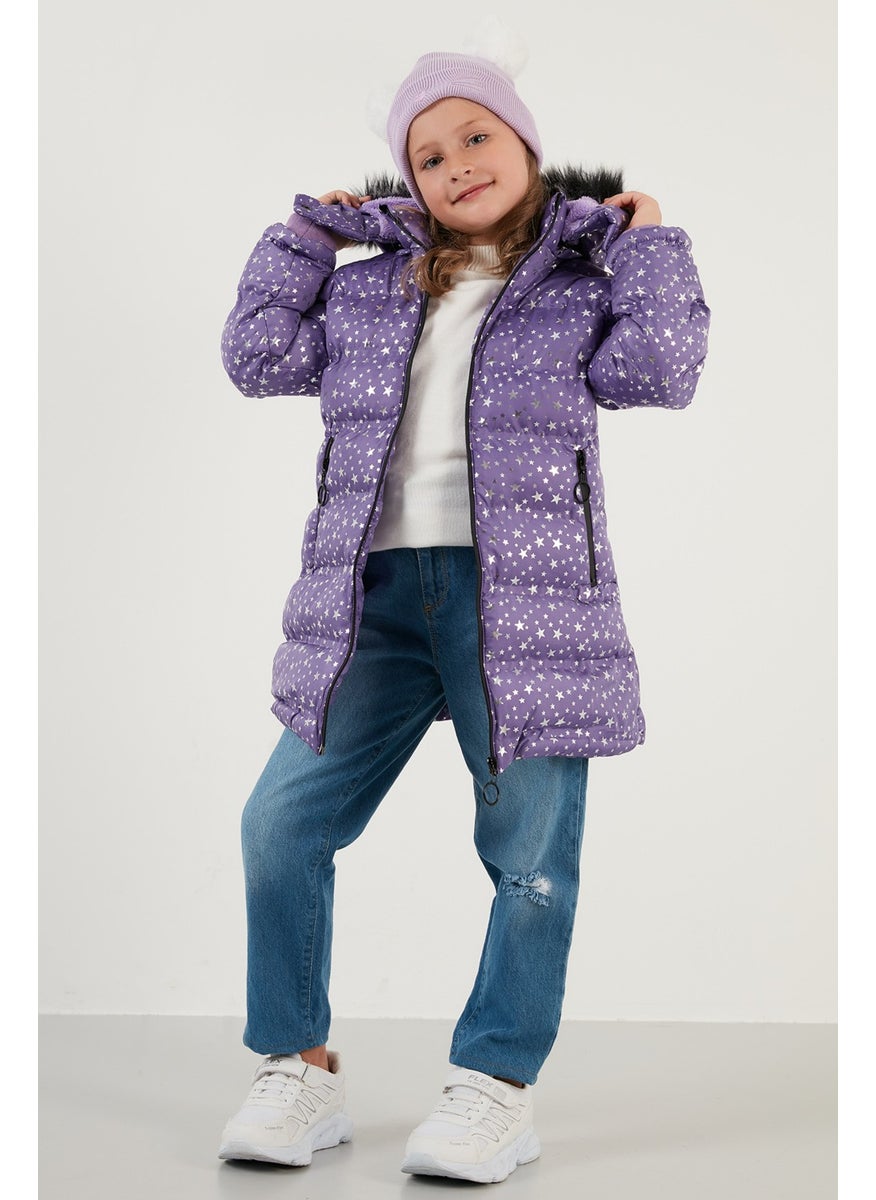 Collar Faux Fur Star Pattern Removable Hooded Plush Lined Winter Coat Girl's Coat 5760031