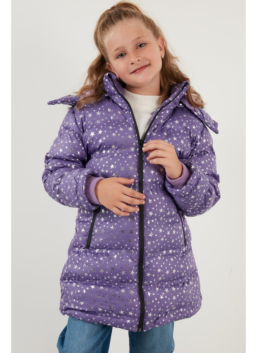 Collar Faux Fur Star Pattern Removable Hooded Plush Lined Winter Coat Girl's Coat 5760031