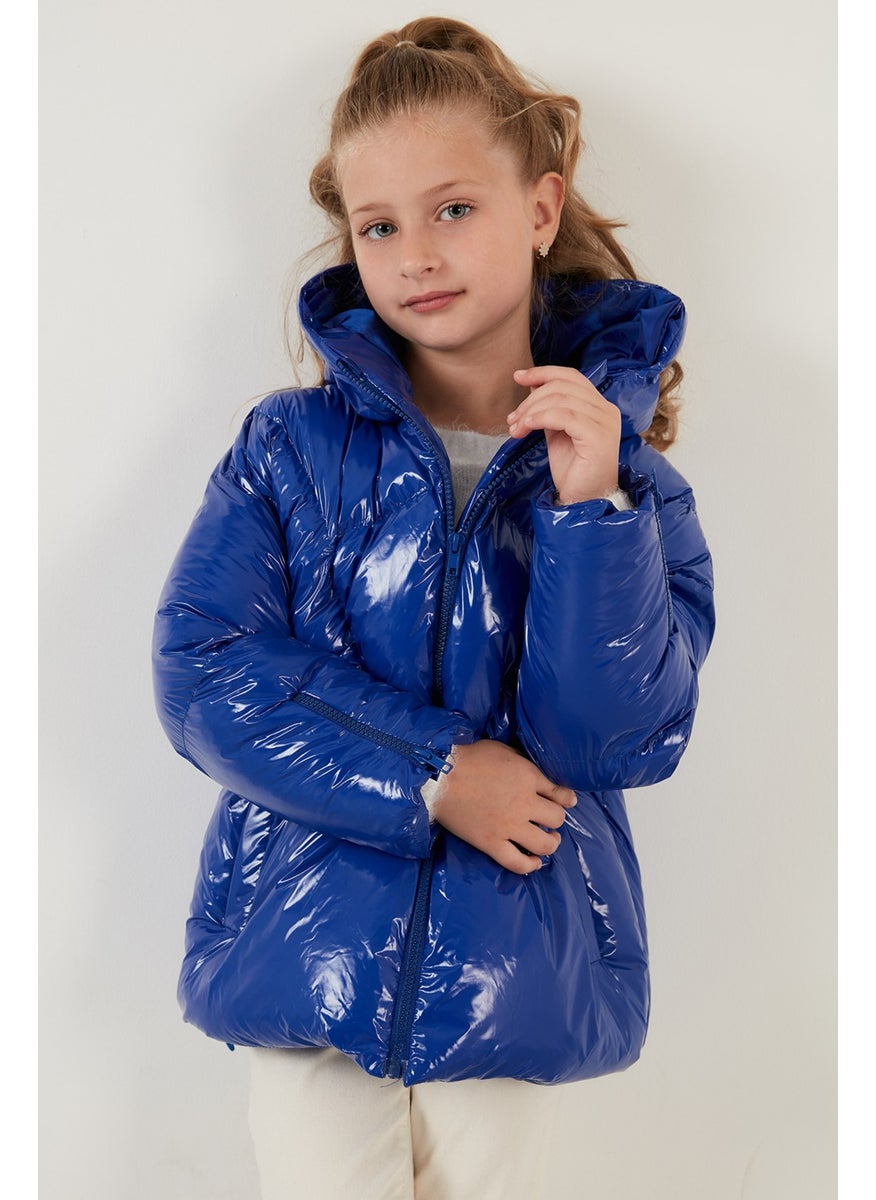 Shiny Zippered Pocket Hooded Puffer Coat Girls' Coat 6380005