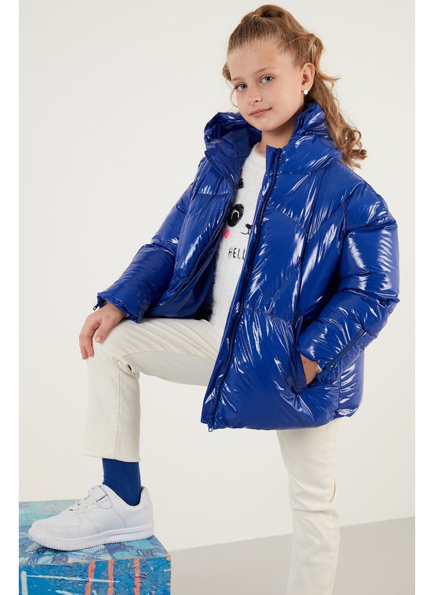 Shiny Zippered Pocket Hooded Puffer Coat Girls' Coat 6380005