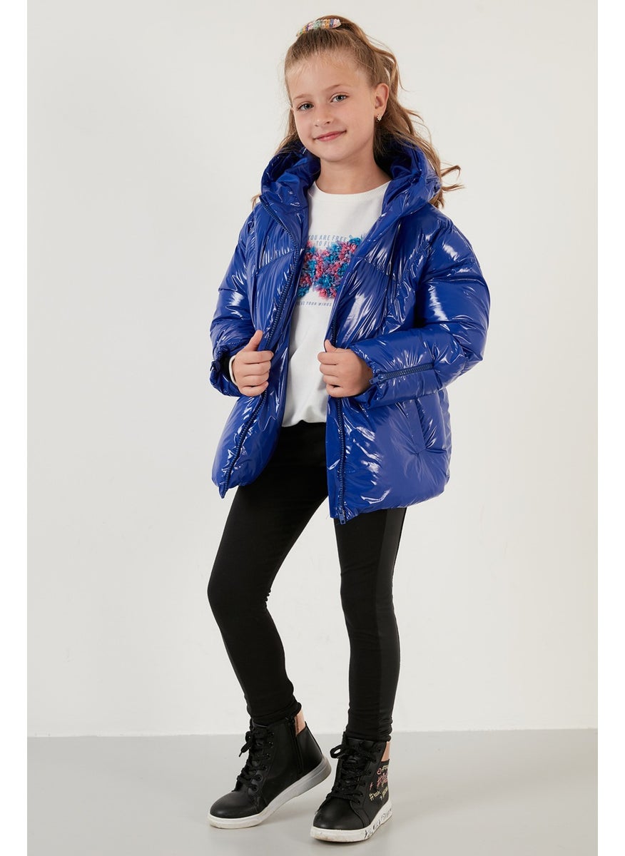 Shiny Zippered Pocket Hooded Puffer Coat Girls' Coat 6380005