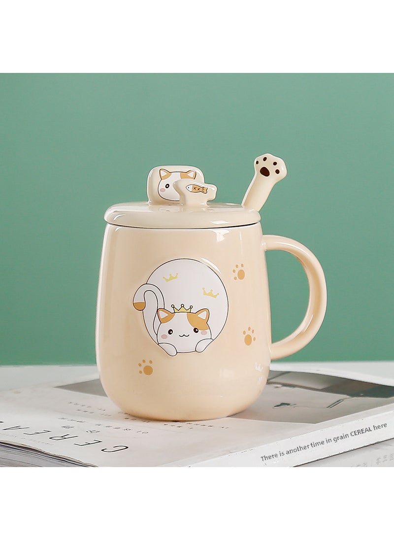 Cat mug with lid spoon ceramic cup creative personality trendy office cartoon ins household coffee cup Noble yellow