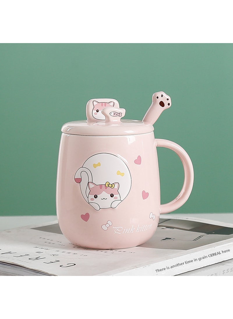 Cat mug with lid spoon ceramic cup creative personality trendy office cartoon ins household coffee cup Cherry blossom powder