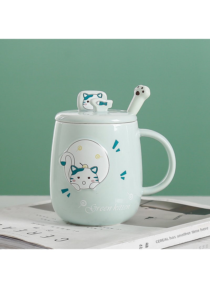 Cat mug with lid spoon ceramic cup creative personality trendy office cartoon ins household coffee cup Fresh green