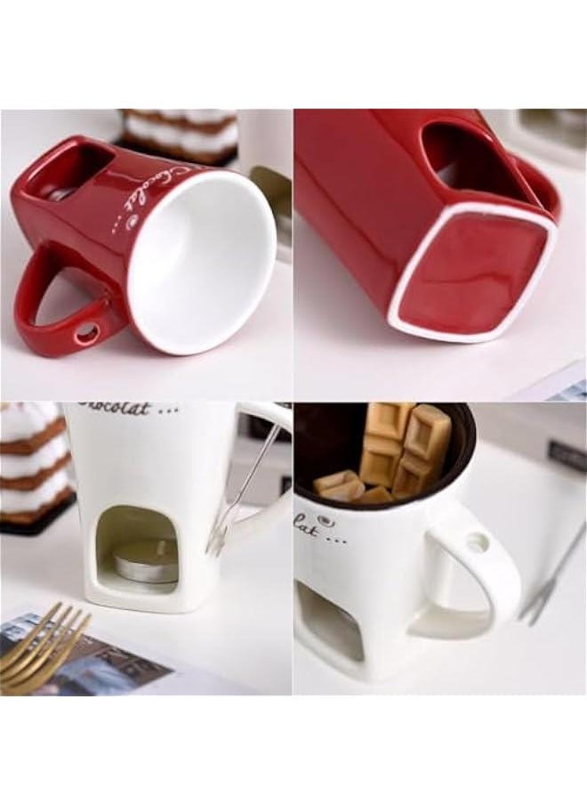 Chocolate Melting Fondue Mugs Set of 2 with Forks, Ceramic Personal Chocolate Melting Cup for Cheese,Chocolate Melting Mug, Chocolate Fondue Cup, Tealight Candle Mini Simmer Mug (White)