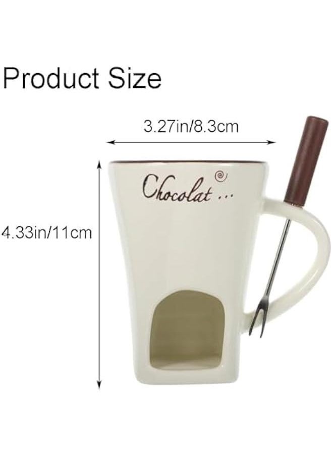 Chocolate Melting Fondue Mugs Set of 2 with Forks, Ceramic Personal Chocolate Melting Cup for Cheese,Chocolate Melting Mug, Chocolate Fondue Cup, Tealight Candle Mini Simmer Mug (White)