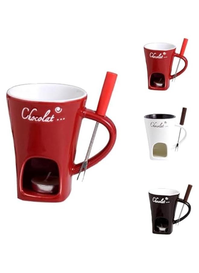 Chocolate Melting Fondue Mugs Set of 2 with Forks, Ceramic Personal Chocolate Melting Cup for Cheese,Chocolate Melting Mug, Chocolate Fondue Cup, Tealight Candle Mini Simmer Mug (Red)