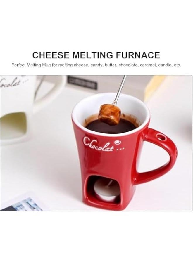 Chocolate Melting Fondue Mugs Set of 2 with Forks, Ceramic Personal Chocolate Melting Cup for Cheese,Chocolate Melting Mug, Chocolate Fondue Cup, Tealight Candle Mini Simmer Mug (White+Red)