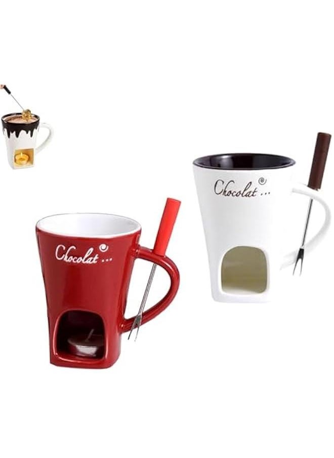 Chocolate Melting Fondue Mugs Set of 2 with Forks, Ceramic Personal Chocolate Melting Cup for Cheese,Chocolate Melting Mug, Chocolate Fondue Cup, Tealight Candle Mini Simmer Mug (White+Red)