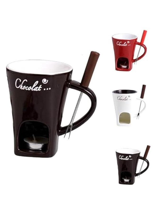 Chocolate Melting Fondue Mugs Set of 2 with Forks, Ceramic Personal Chocolate Melting Cup for Cheese,Chocolate Melting Mug, Chocolate Fondue Cup, Tealight Candle Mini Simmer Mug (Brown)