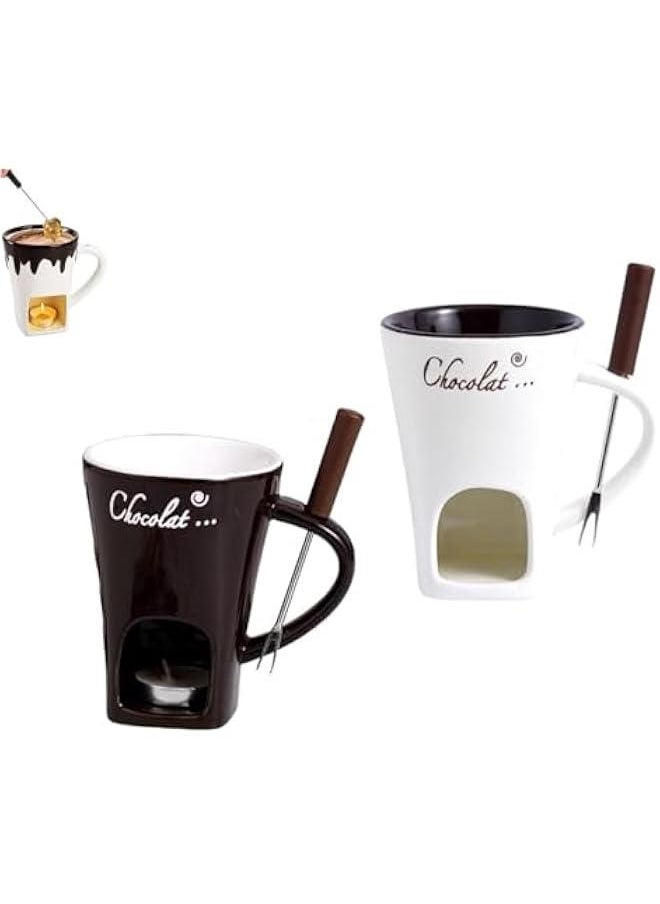 Chocolate Melting Fondue Mugs Set of 2 with Forks, Ceramic Personal Chocolate Melting Cup for Cheese,Chocolate Melting Mug, Chocolate Fondue Cup, Tealight Candle Mini Simmer Mug (Brown+White)