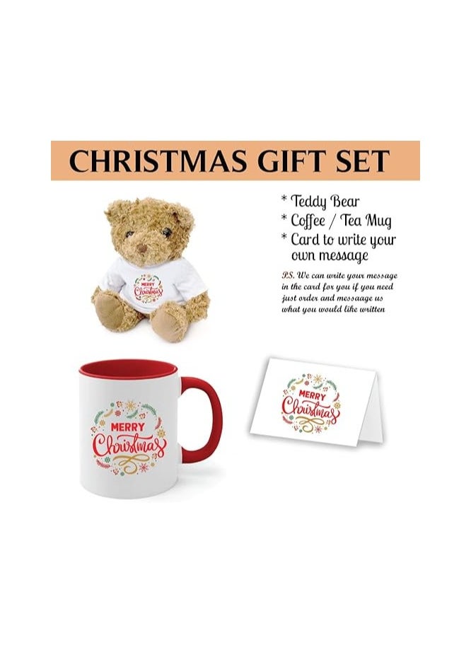 Christmas Gift Set-Teddy Bear-Two-Tone Red Mug And Holiday Greeting Card-Pack Of 3 Combo-Christmas Gift For Friends And Family