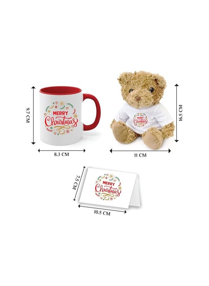 Christmas Gift Set-Teddy Bear-Two-Tone Red Mug And Holiday Greeting Card-Pack Of 3 Combo-Christmas Gift For Friends And Family