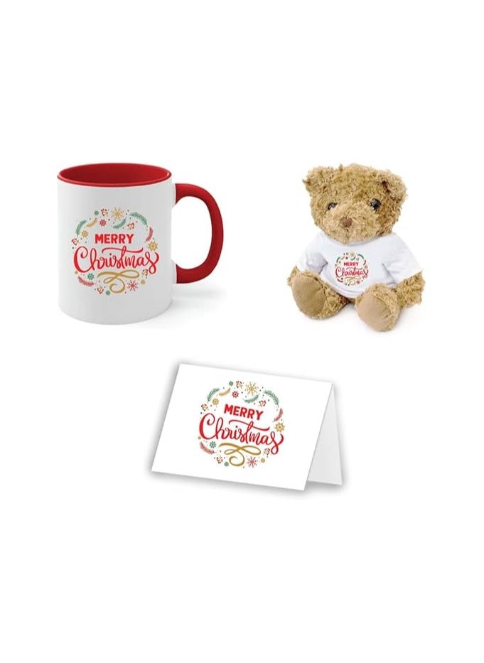 Christmas Gift Set-Teddy Bear-Two-Tone Red Mug And Holiday Greeting Card-Pack Of 3 Combo-Christmas Gift For Friends And Family