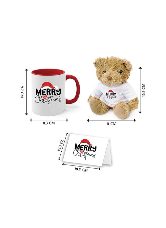 Christmas Gift Set-Teddy Bear-Two-Tone Red Mug And Holiday Greeting Card-Pack Of 3 Combo-Christmas Gift For Friends And Family