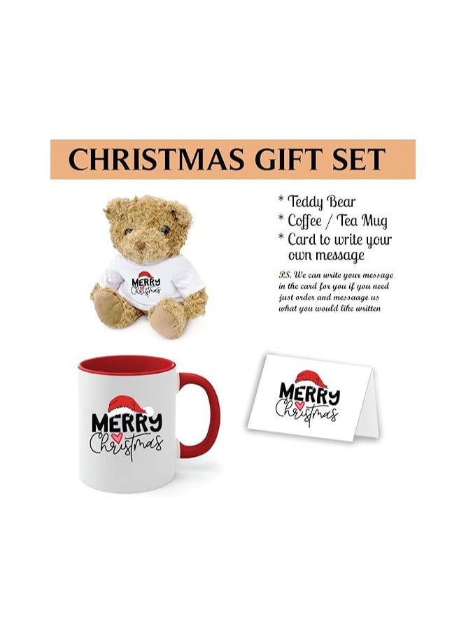 Christmas Gift Set-Teddy Bear-Two-Tone Red Mug And Holiday Greeting Card-Pack Of 3 Combo-Christmas Gift For Friends And Family