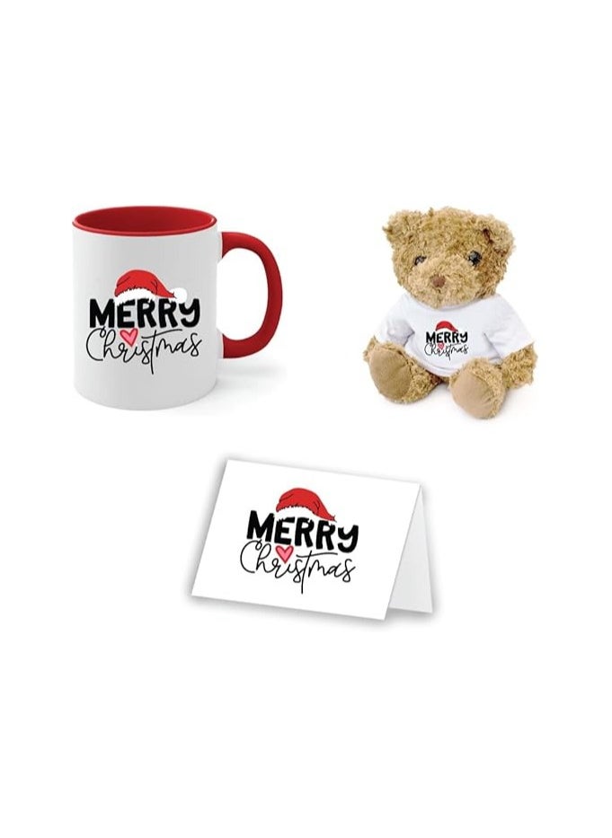 Christmas Gift Set-Teddy Bear-Two-Tone Red Mug And Holiday Greeting Card-Pack Of 3 Combo-Christmas Gift For Friends And Family