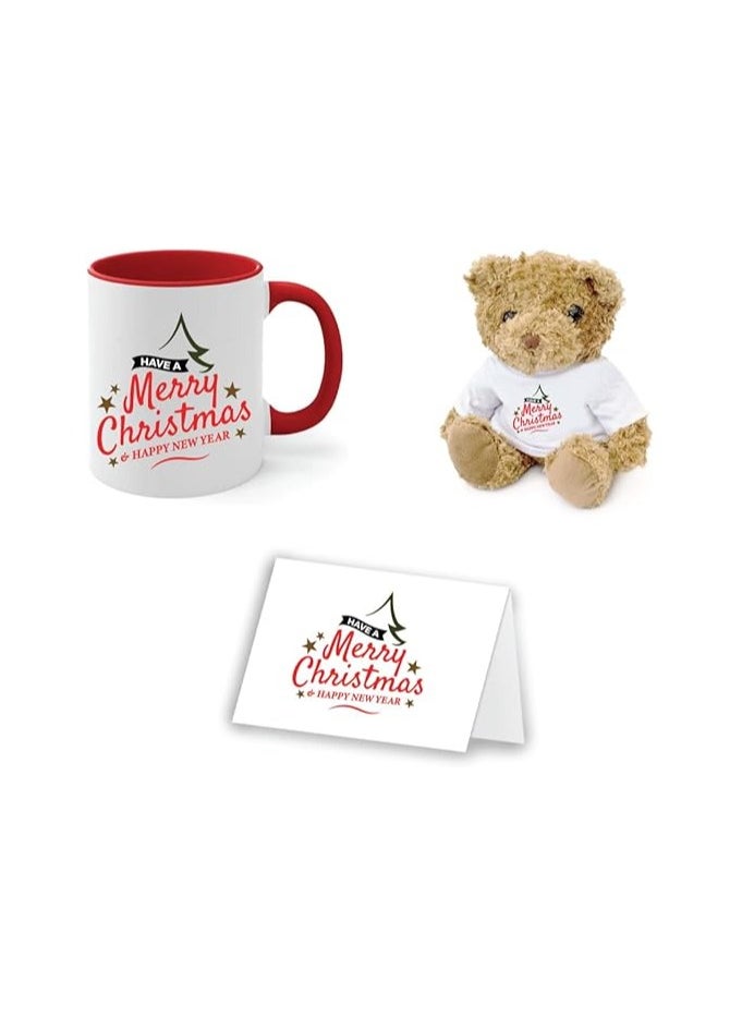 Christmas Gift Set-Teddy Bear-Two-Tone Red Mug And Holiday Greeting Card-Pack Of 3 Combo-Christmas Gift For Friends And Family