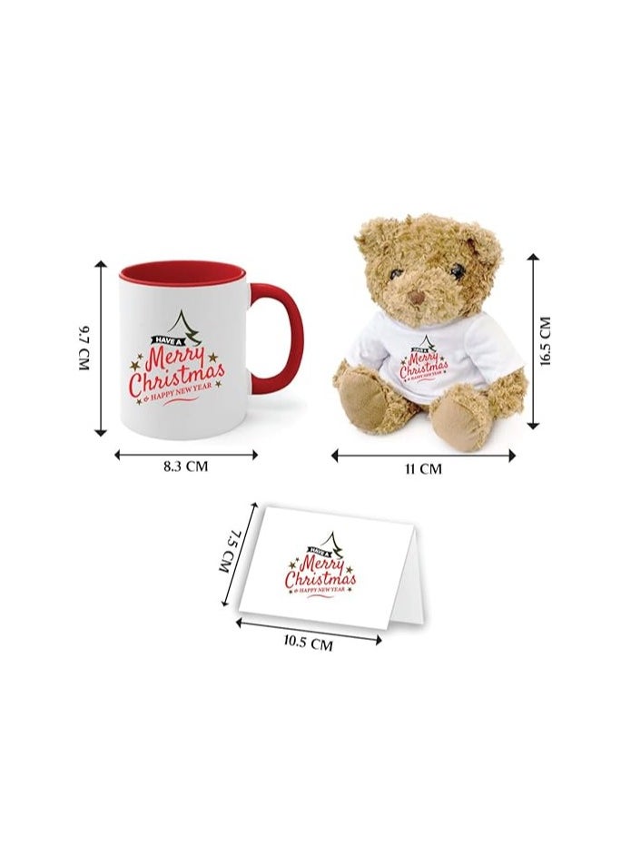 Christmas Gift Set-Teddy Bear-Two-Tone Red Mug And Holiday Greeting Card-Pack Of 3 Combo-Christmas Gift For Friends And Family