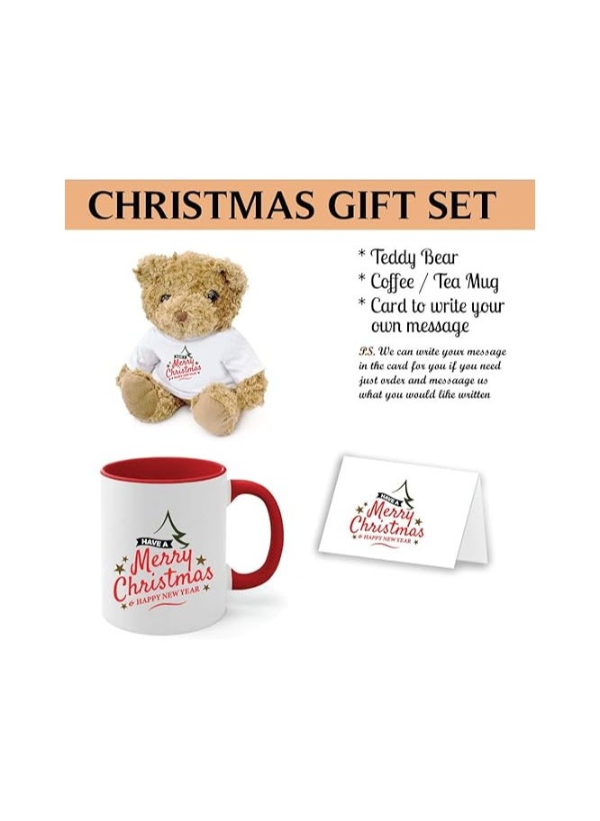 Christmas Gift Set-Teddy Bear-Two-Tone Red Mug And Holiday Greeting Card-Pack Of 3 Combo-Christmas Gift For Friends And Family