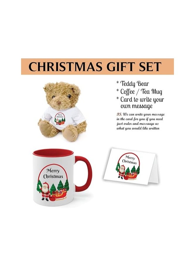 Christmas Gift Set-Teddy Bear-Two-Tone Red Mug And Holiday Greeting Card-Pack Of 3 Combo-Christmas Gift For Friends And Family