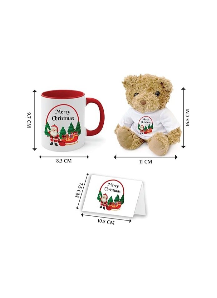 Christmas Gift Set-Teddy Bear-Two-Tone Red Mug And Holiday Greeting Card-Pack Of 3 Combo-Christmas Gift For Friends And Family