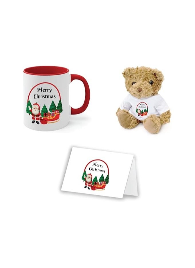 Christmas Gift Set-Teddy Bear-Two-Tone Red Mug And Holiday Greeting Card-Pack Of 3 Combo-Christmas Gift For Friends And Family