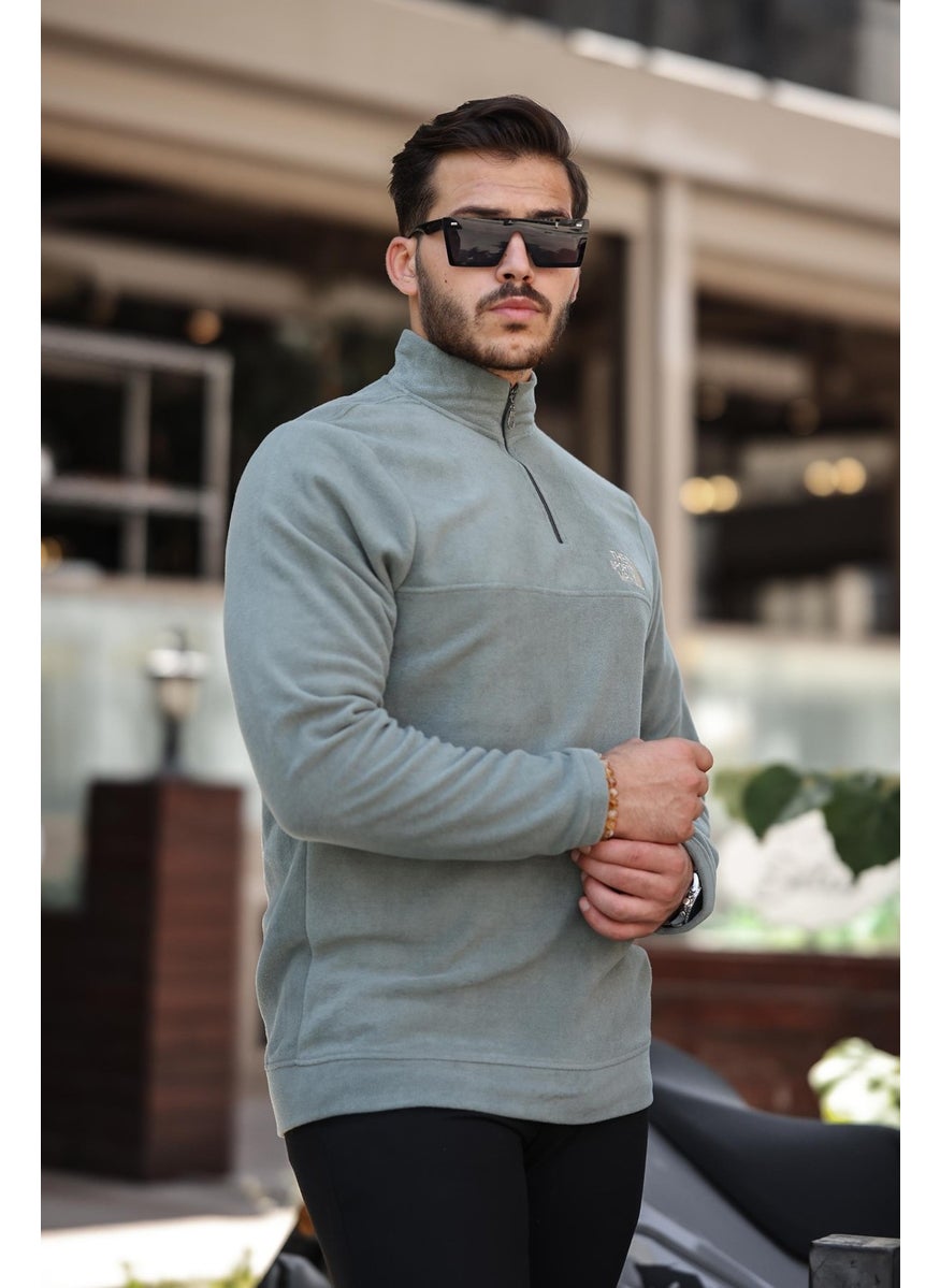 Khaki Unisex Embroidered Stand Collar Half Zip Fleece Sweatshirt - 2321