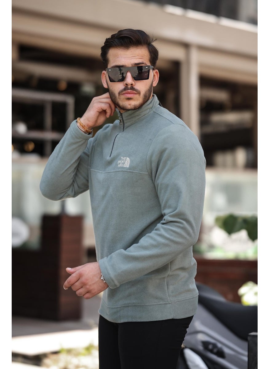 Khaki Unisex Embroidered Stand Collar Half Zip Fleece Sweatshirt - 2321
