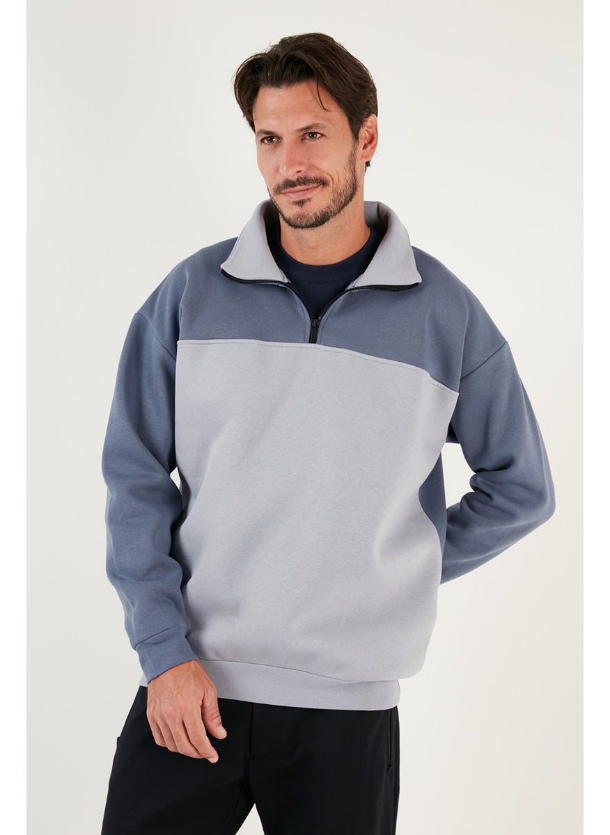 Regular Fit Zippered Stand-Up Collar with Furry Soft Raised Winter Sweat Men's Sweat 5905343