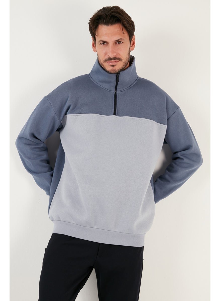 Regular Fit Zippered Stand-Up Collar with Furry Soft Raised Winter Sweat Men's Sweat 5905343