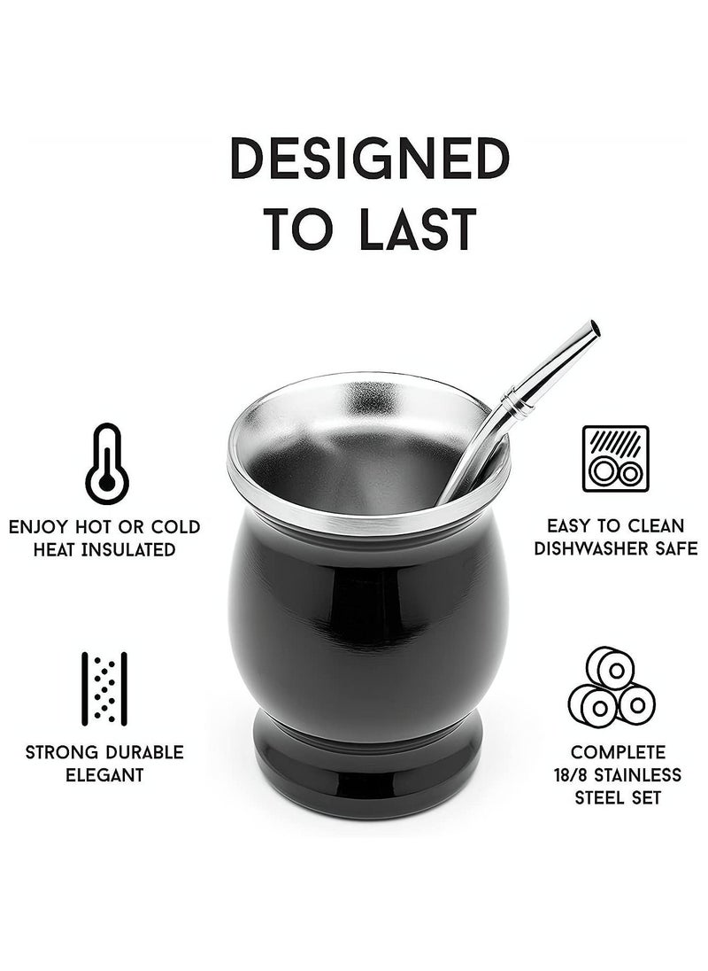 Tea Cup Stainless Steel Double Walled Easy Wash Household Insulation Gourds for Loose Leaf Drinking with Bombilla Straw Black 230 Ml