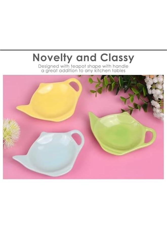 4 Pieces Teapot Shaped Tea Bag Holder Teabag Coaster Seasoning Dish for Sauce Dessert (Green and Yellow)