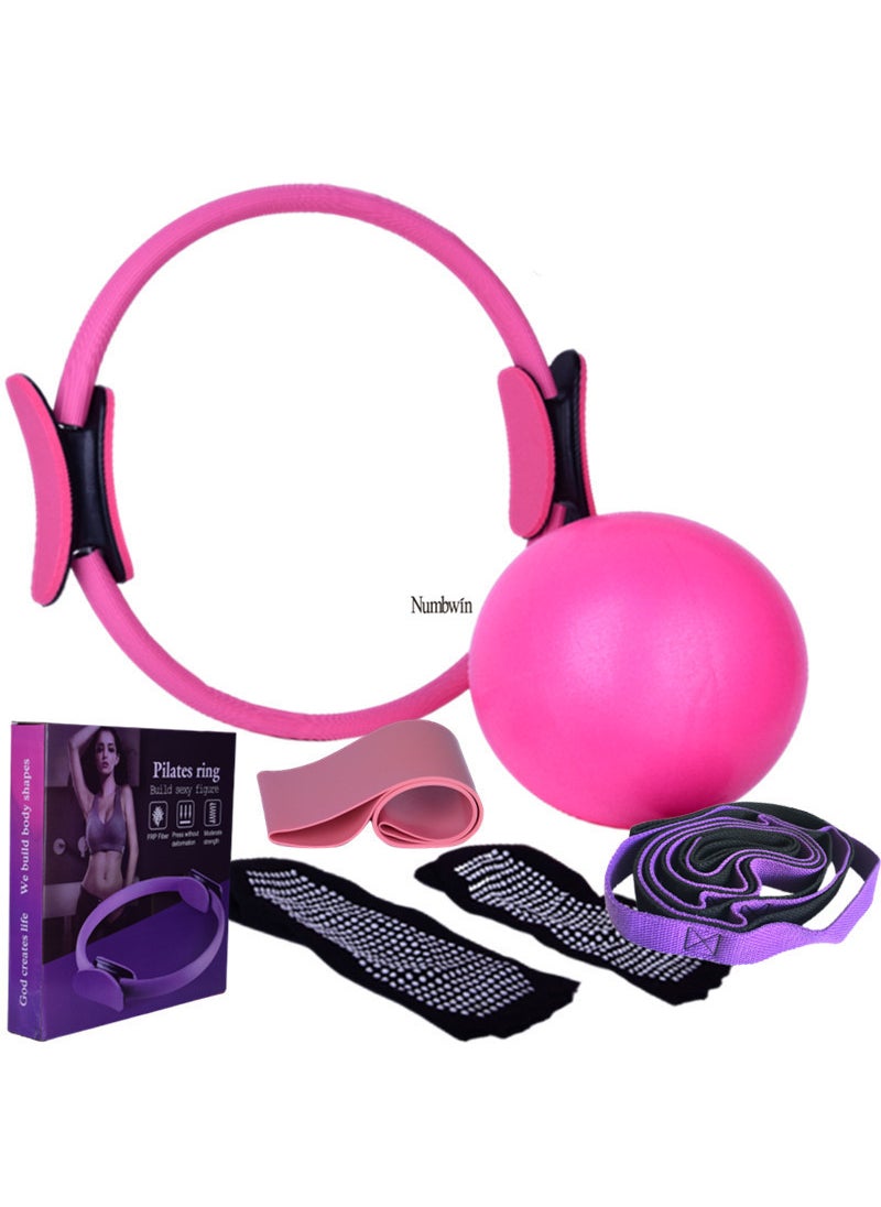 Yoga Pilates six-piece set 10-hole chrysanthemum rope yoga ball latex elastic ring half finger yoga socks color box suit Pink