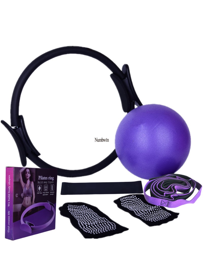 Yoga Pilates six-piece set 10-hole chrysanthemum rope yoga ball latex elastic ring half finger yoga socks color box suit Black