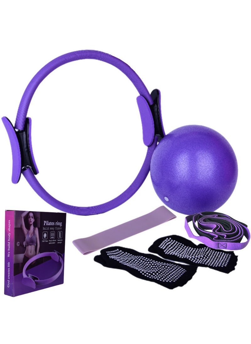 Yoga Pilates six-piece set 10-hole chrysanthemum rope yoga ball latex elastic ring half finger yoga socks color box suit Purple