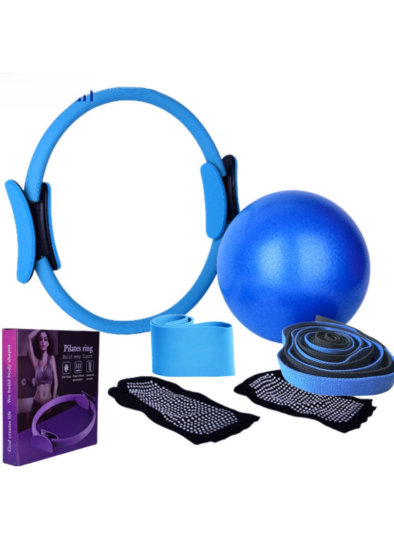 Yoga Pilates six-piece set 10-hole chrysanthemum rope yoga ball latex elastic ring half finger yoga socks color box suit Blue