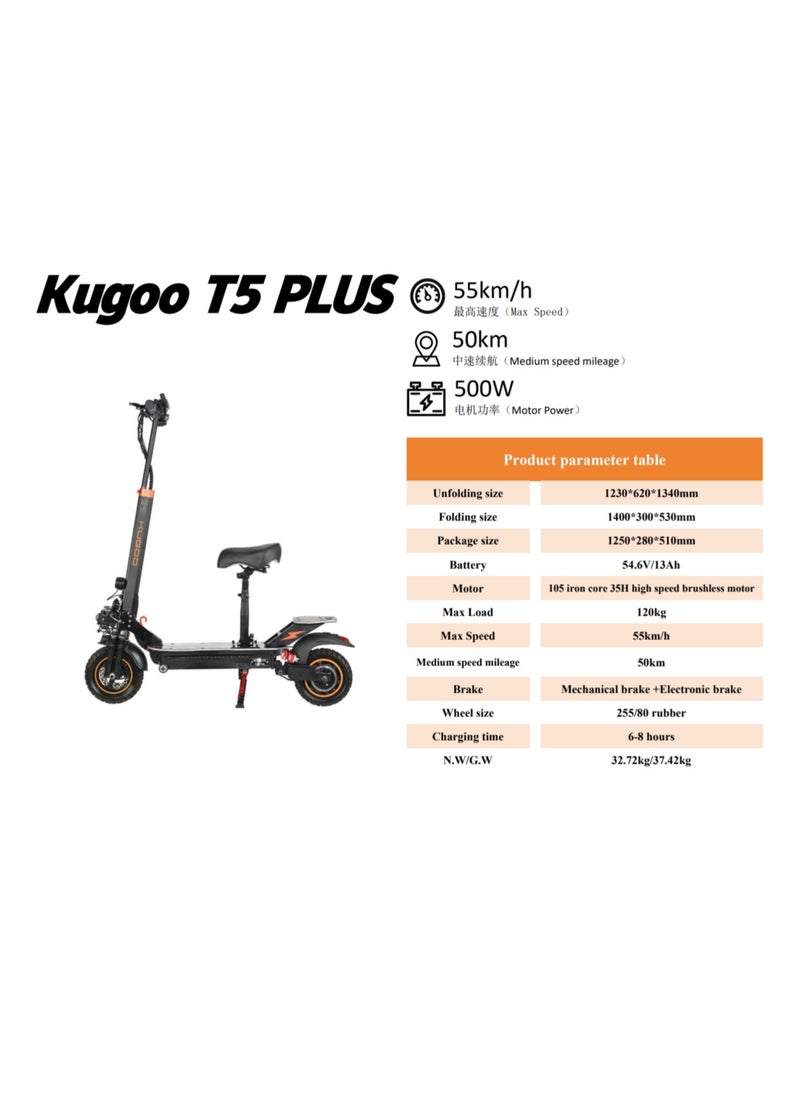 T5PLUS E-Scooter with 55km/h Speed, 1200W Motor, 54.6V 15Ah Battery, 255/80 Rubber Tires, 6-8 Hour Charge Mechanical & Electronic Brakes, Brushless Motor