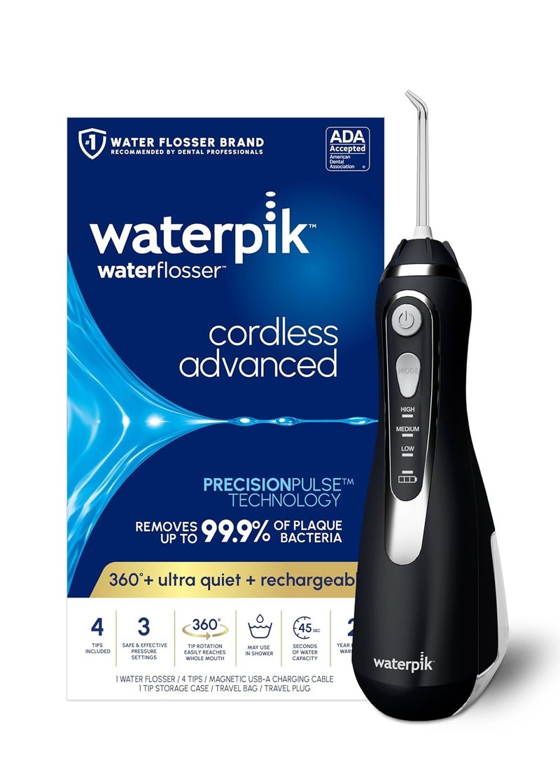 Waterpik Cordless Advanced 2.0 Water Flosser For Teeth, Gums, Braces, Dental Care With Travel Bag and 4 Tips, ADA Accepted, Rechargeable, Portable, and Waterproof, Black WP-582, Packaging May Vary