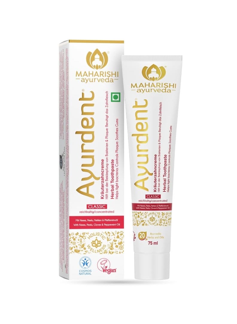 Maharishi Ayurveda Ayurdent Classic Ayurvedic Herbal Toothpaste- All Natural | SLS & Fluoride Free, Antioxidant & Anti Bacterial benefits | Holistic Dental Health | Whitens & Strengthens Teeth | Helps fight Plaque, Tartar, Cavity, Tooth Decay & Bad Breath | 75mL