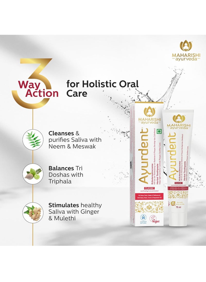 Maharishi Ayurveda Ayurdent Classic Ayurvedic Herbal Toothpaste- All Natural | SLS & Fluoride Free, Antioxidant & Anti Bacterial benefits | Holistic Dental Health | Whitens & Strengthens Teeth | Helps fight Plaque, Tartar, Cavity, Tooth Decay & Bad Breath | 75mL