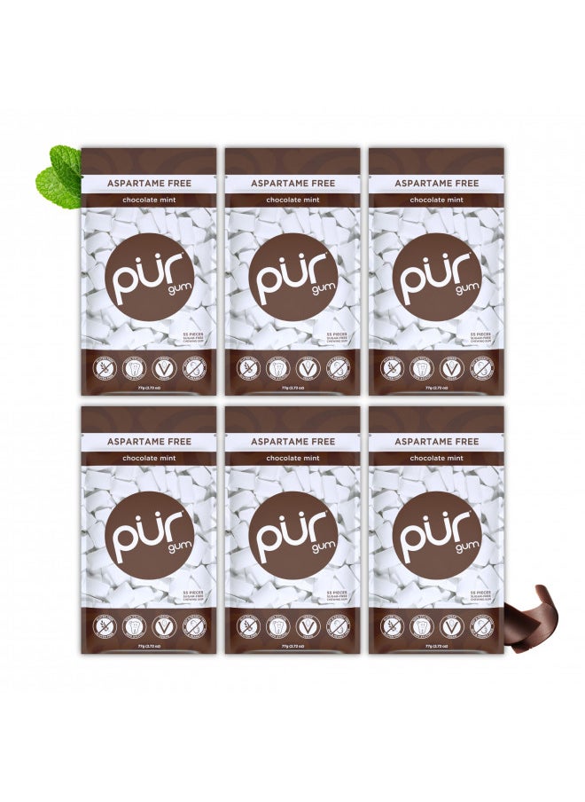 PUR Gum | Aspartame Free Chewing Gum | 100% Xylitol | Sugar Free, Vegan, Gluten Free & Keto Friendly | Natural Chocolate Mint Flavored Gum, 55 Pieces (Pack of 6)