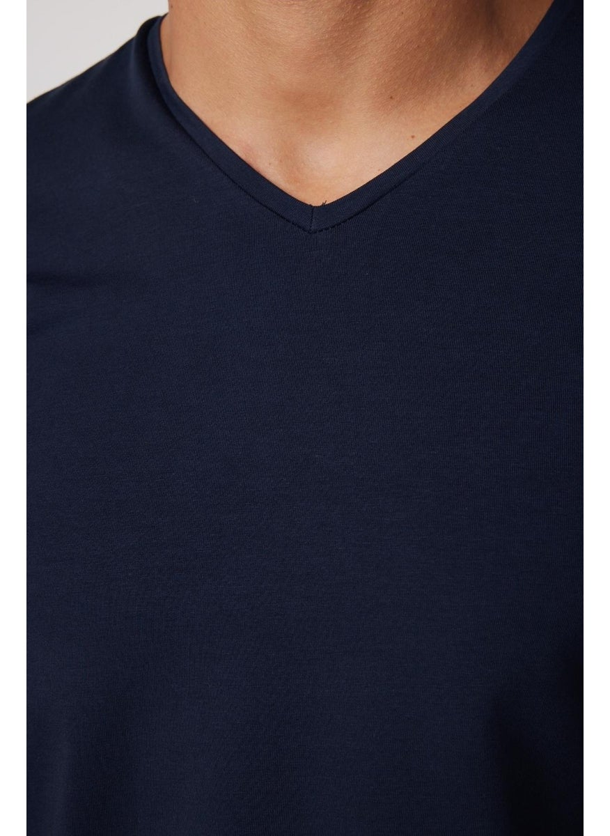 Slim Fit V-Neck Plain Basic Short Sleeve Navy Blue T-Shirt