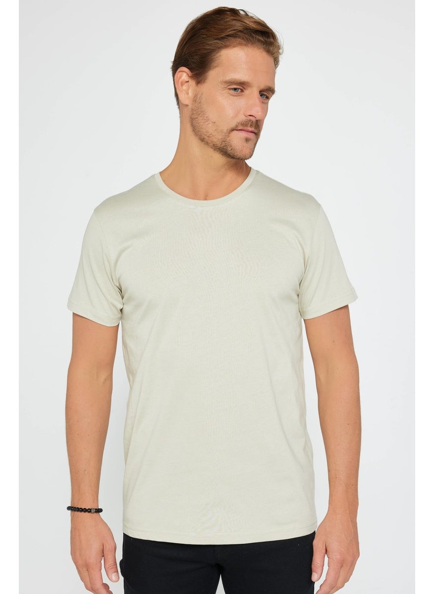 Men's Slim Fit Narrow Cut Crew Neck Organic Cotton Soft Textured Short Sleeve Stone Color T-Shirt