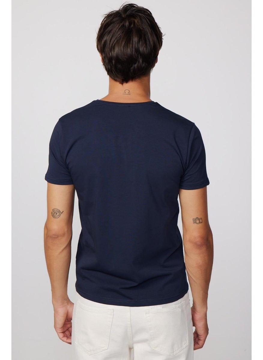 Slim Fit V-Neck Plain Basic Short Sleeve Navy Blue T-Shirt