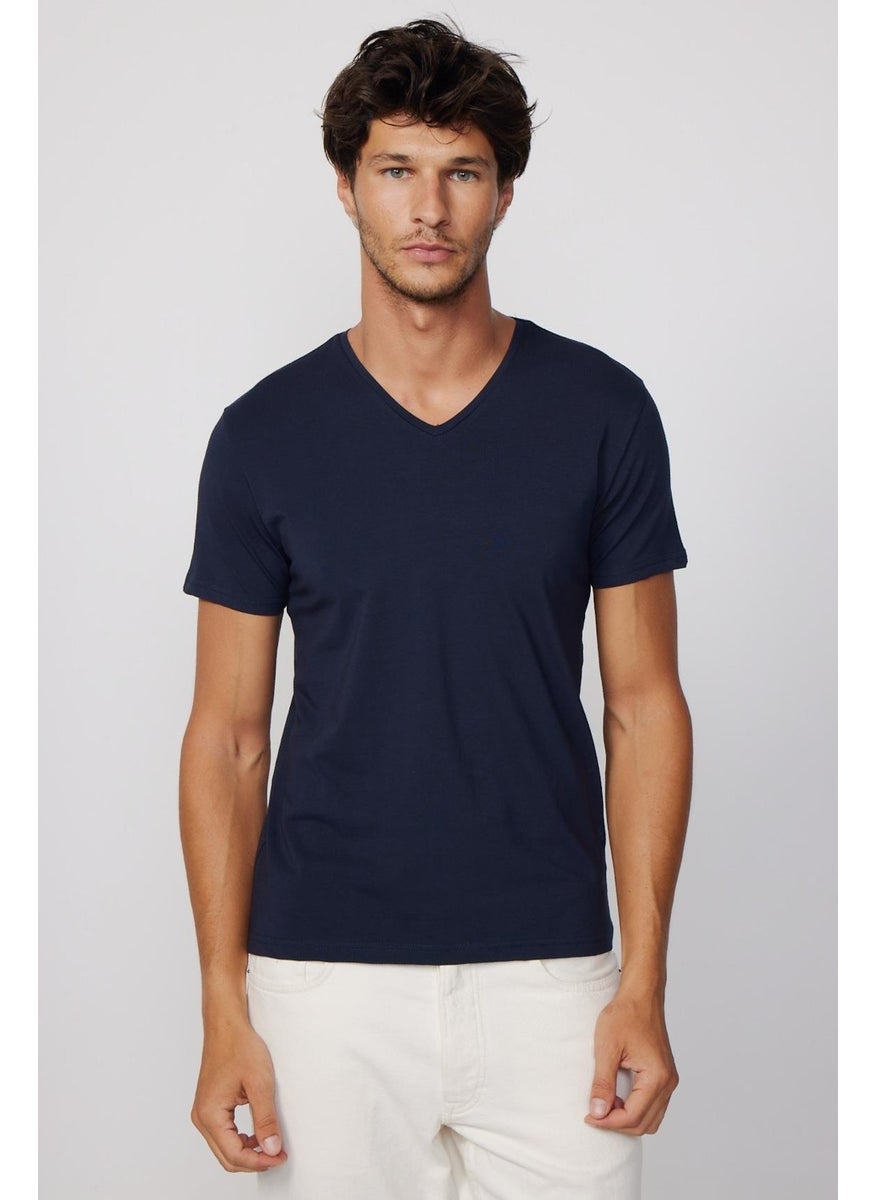 Slim Fit V-Neck Plain Basic Short Sleeve Navy Blue T-Shirt