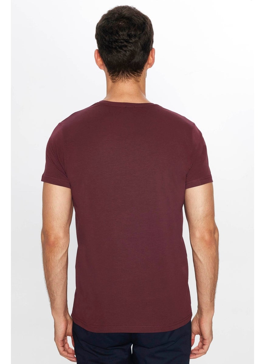 Men's Slim Fit Slim Cut Cotton Soft Texture Flexible Fabric Plain Basic Claret Red Crew Neck T-Shirt