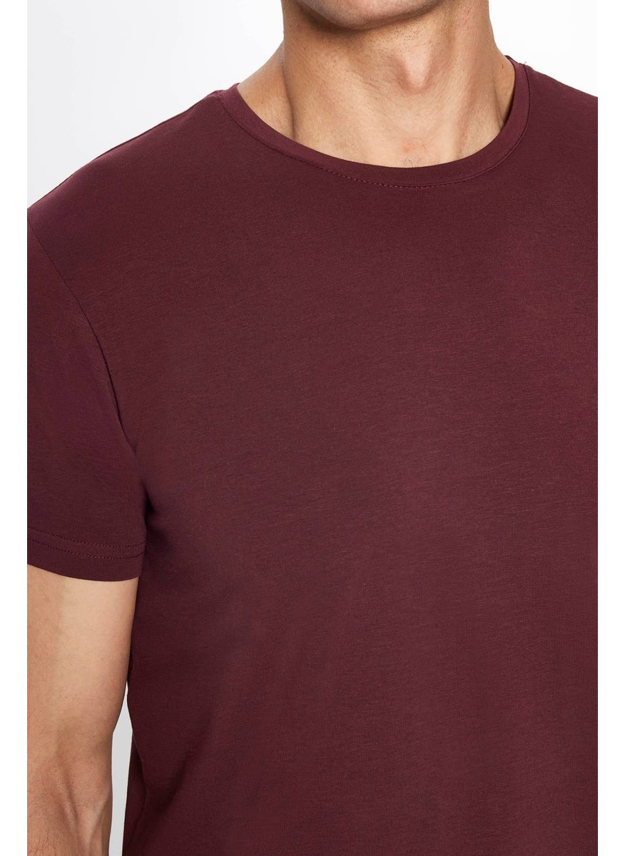 Men's Slim Fit Slim Cut Cotton Soft Texture Flexible Fabric Plain Basic Claret Red Crew Neck T-Shirt