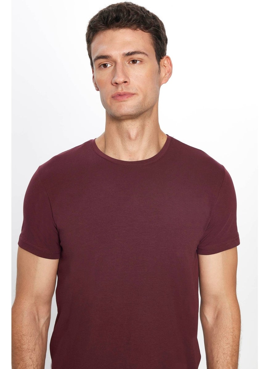 Men's Slim Fit Slim Cut Cotton Soft Texture Flexible Fabric Plain Basic Claret Red Crew Neck T-Shirt